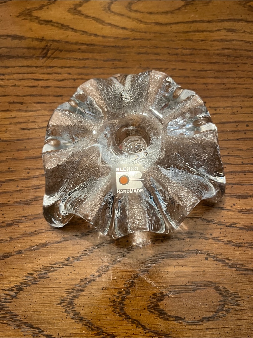 Blenko hand-blown clear art glass melting ice taper candle holder